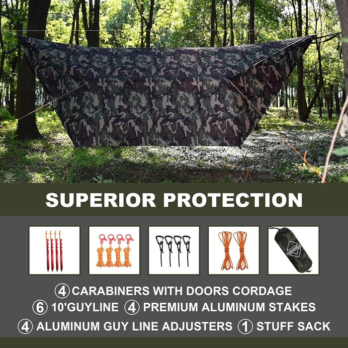 Гамак-тент OneWind Camo 365x295 см: ультралегкий, для кемпінгу, бушкрафту, з підставою та дверима