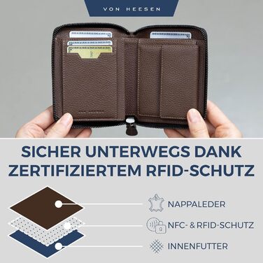 Гаманець VON HEESEN з натуральної шкіри з RFID-захистом, коричневий, для чоловіків і жінок, з монетницею