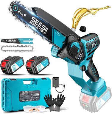 SEESII Безщіткова міні-пилка 6 дюймів, ручна акумуляторна пилка з 2 * 4000 mAh акумуляторами, одноручна акумуляторна пилка з автоматичним змащенням, сумісна з акумулятором Makita 18V, електрична пилка для дерева, гілок 6 дюймів безщіткова (6+8 дюймів безщ