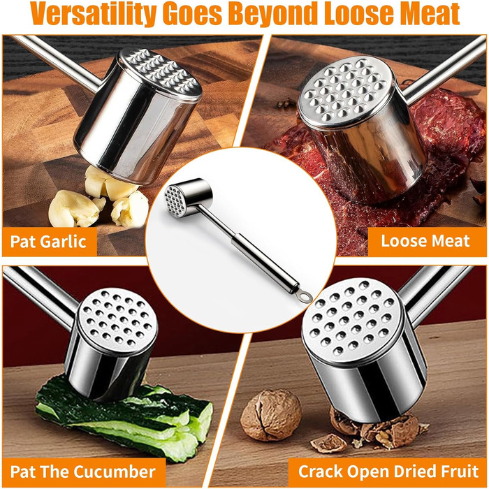 Молоток для м'яса з нержавіючої сталі 304 з гачком, двосторонній багатофункціональний відбійник для стейків, курки та свинини, 22 см, сріблястий