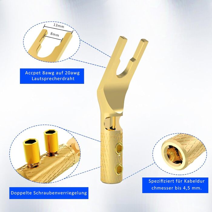 Комплект позолочених роз'ємів-вилок для акустичних кабелів Monosaudio SY1508G, чиста мідь, для кабелів 8-20AWG (до 4мм), 8 шт.