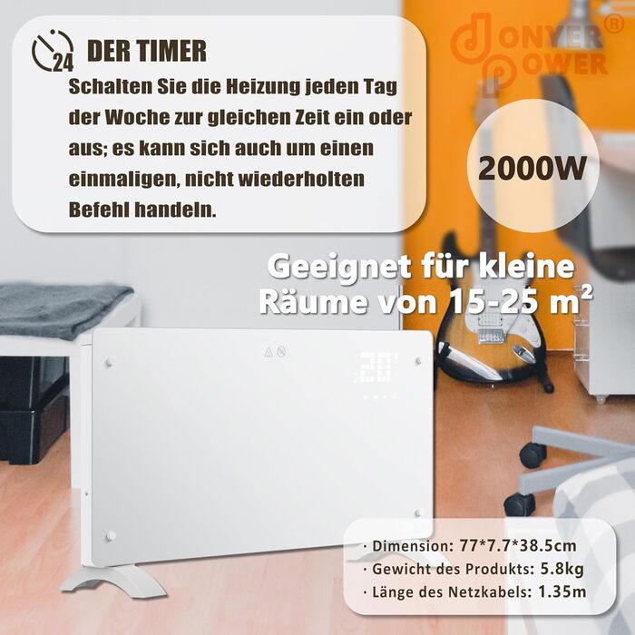 Конвектор DONYER POWER 2000W з Wi-Fi, білий, настінний/підлоговий, таймер, пульт керування, скляна панель