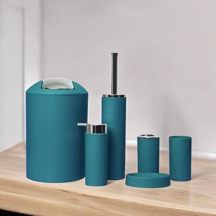 Комплект аксесуарів для ванної кімнати 6tlg Badset: органайзер, дозатор мила, стаканчик для зубної щітки, відро для косметики, щітка для унітазу з тримачем, мильниця, сміттєвий бак, тримач для зубних щіток, повна ванна кімнатна гарнітура (темно-бірюзовий 
