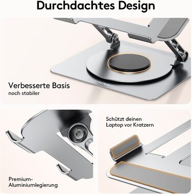 Підставка для ноутбука TECKNET 360° - регульована висота, металева, ергономічна, сумісна з MacBook, Dell (до 17.3