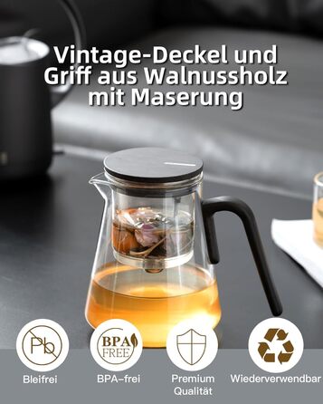 Чайник ZENS Magic з боросилікатного скла з ситом, 800 мл, з магнітним кришкою та ручкою з чорного горіха, для заварювання листового чаю