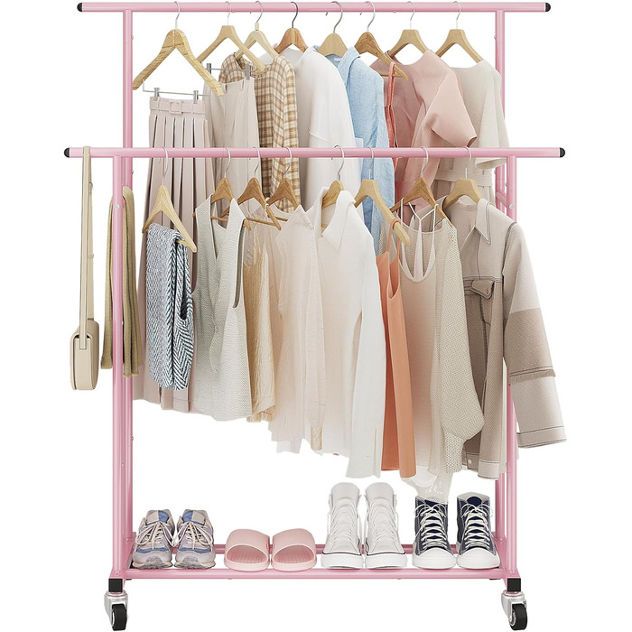 Мобильна вішалка для одягу Calmootey з подвійною перекладиною, біла (рожева)
