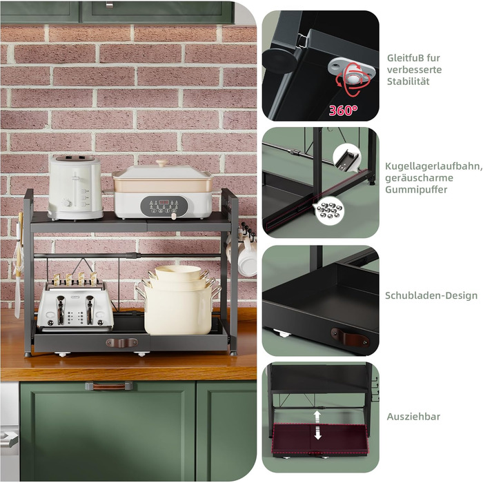 Підставка для мікрохвильової печі NETEL 2-рівнева, кухонна, з тримачем для напоїв та кошиком, чорна, висувна 40-60 см