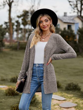Кардиган жіночий з довгим рукавом Famulily, відкритий ззаду, V-подібний виріз, легкий, з кишенями (L, Кофе)