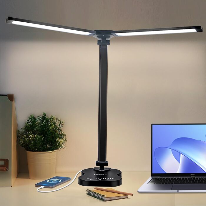 LED лампа настільна LQWELL® QM019, чорна: регулювання яскравості, 5 кольорів, 10 рівнів, USB-зарядка, сенсорне керування, пам'ять, для дітей, офісу