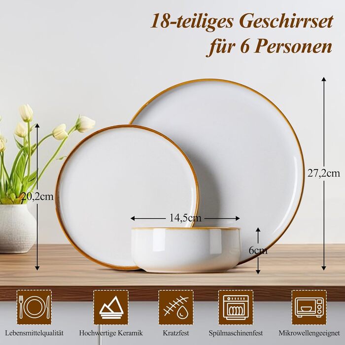 Набір посуду Joyfair на 6 осіб, 18 предметів: тарілки, миски, десертні тарілки, посуд з реактивної глазурі, для щоденного використання, сумісний з мікрохвильовою піччю та посудомийною машиною, пісочно-бежевий колір