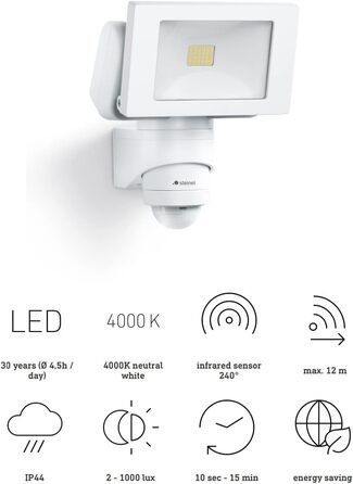 Steinel LED Outdoor Floodlight LS 150 S white, 240° motion sensor, max. 12 m range, 14.7 W, adjustable, 1375 lm, 4000 K