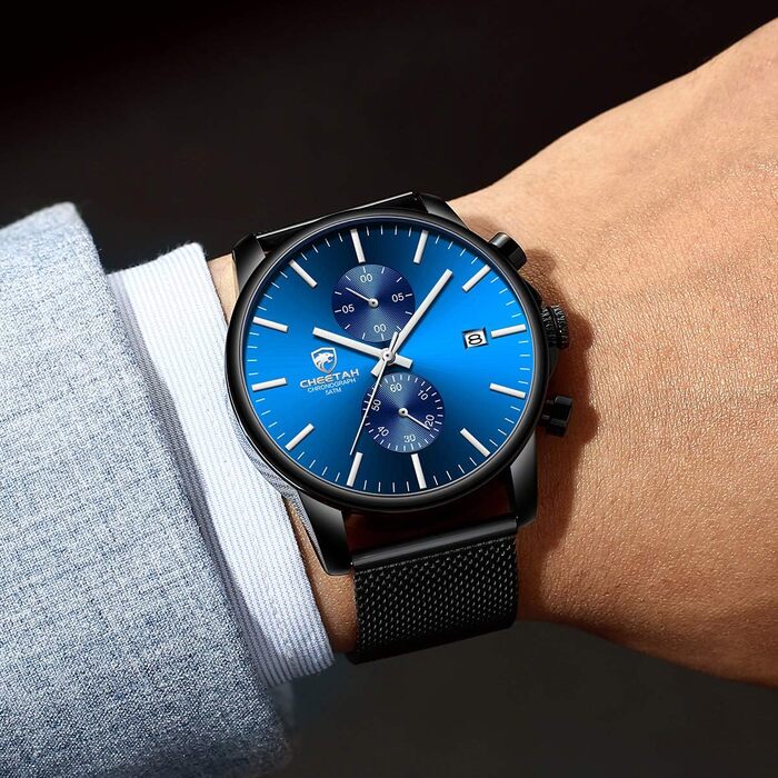 Чоловічий годинник, спортивний, кварцовий, аналоговий, чорний mesh-браслет, нержавіюча сталь, водонепроникний, хронограф, автоматична дата (чорний-чорний-синій)