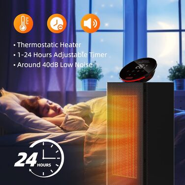 Електричний керамічний обігрівач OMISOON 2000W з термостатом, 4 режими, енергозберігаючий, тиха робота, сенсорне LED-управління, 90° обертання, таймер до 24 годин, дистанційне керування, для дому