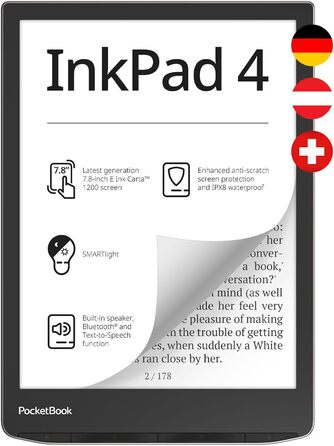 Pocketbook InkPad 4: Електронна книга, 7.8'' E-Ink, 32 GB, Bluetooth, водонепроникна, срібна (DE/at/CH версія)