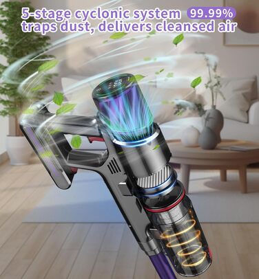 Бездротовий акумуляторний пилосос 550W, потужність 50Kpa, без мішка, з сенсорним екраном, антинамотування, для килимів, твердих поверхонь, авто