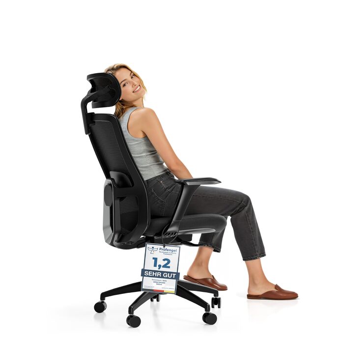 Офісний стіл Desktronic з регулюванням висоти та підтримкою попереку | Ергономічний крісло з дихаючої тканини, широке сидіння SitOne (Чорний)