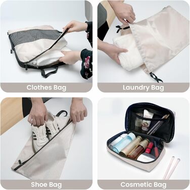 Набір органайзерів для валізи з компресією, 6 шт. - Кубики для пакування одягу, білий (Elfenbein) - Організація багажу в дорогу