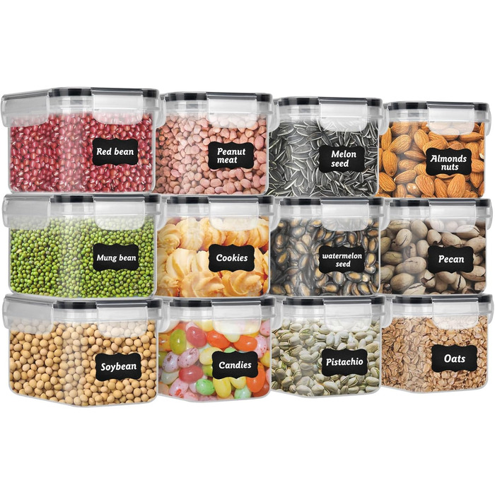 12 контейнерів для зберігання продуктів, герметичні, BPA-free, PP, з замком, 0.8л (Чорний) + 32 етикетки та маркер