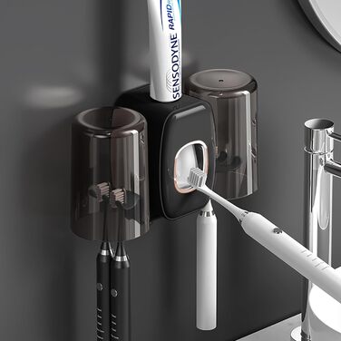 Настінний тримач для зубних щіток з автоматичним дозатором пасти, електричний для 4 щіток, 2 стаканчики, без свердління (чорний)