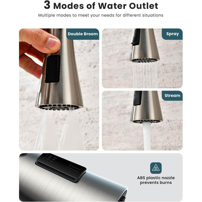 Змішувач кухонний настінний DAYONE з висувною лійкою, нержавіюча сталь, 3 режими, 360° обертання, відстань між отворами 15 см, матовий