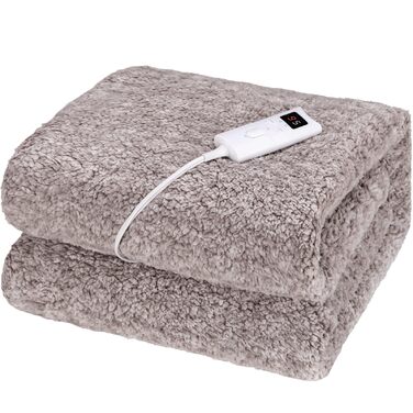 Електрична гріюча ковдра TLGREEN 180x130 см з м'якою підкладкою, імітація овечої шкури, з автовимкненням, двостороння, захист від перегріву, таймер, 9 температурних режимів, пральна, ковдра для дивана, ліжка, офісу, коричнево-сіра