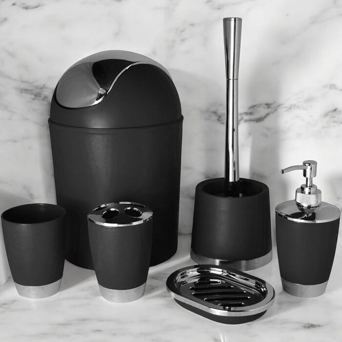 Набір аксесуарів для ванної кімнати 6tlg Badset: мильниця, стакан для зубних щіток, контейнер для косметики, щітка для унітазу з тримачем, мильниця, відро для сміття, тримач для зубних щіток, комплект для ванної кімнати (чорний дизайн 1)