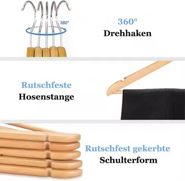 Дерев'яні вішалки для одягу, набір 20 шт. – міцні дерев'яні вішалки з перекладиною для штанів, з виступами та 360° гачком для костюмів, сорочок та курток