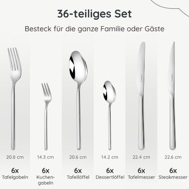 Набір столових приборів 36 предметів з нержавіючої сталі 18/0 на 6 осіб, сріблястий: ножі, виделки, ложки, ніж для стейка, виделка для торта, для повсякденного використання та прийому гостей, безпечні для посудомийної машини