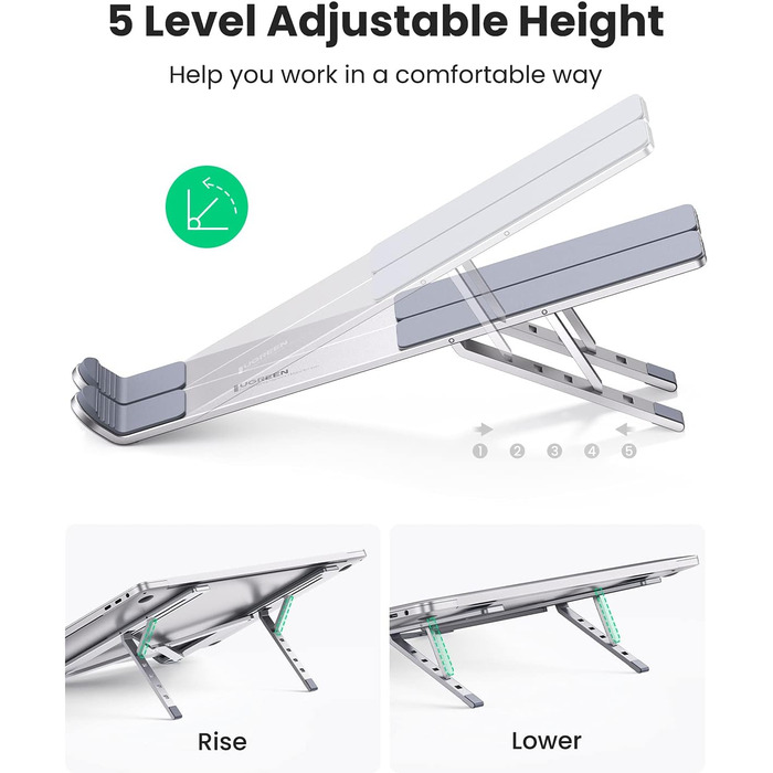 Підставка для ноутбука UGREEN з регулюванням висоти, алюміній, 5 рівнів, вентиляція, ергономічна, до 17.3 дюймів, сумісна з MacBook, Asus, Acer, HP, Dell