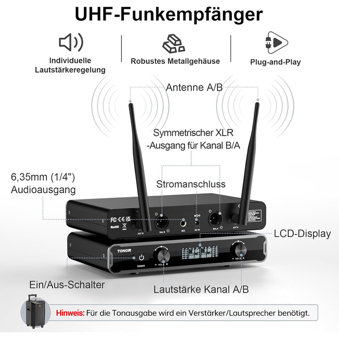 TONOR Система мікрофонів Dual Wireless, бездротова караоке мікрофонна система, 60м радіус дії, сірий колір