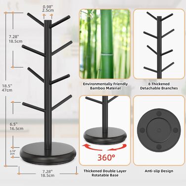 BAMBANG Bamboo Coffee Mug Tree, Swivel Coffee Mug Holder for Countertop, Coffee Mug Shelf with 8 Hooks, Coffee Mug Organizer, Coffee Mug Hanger for Coffee Bar, Black