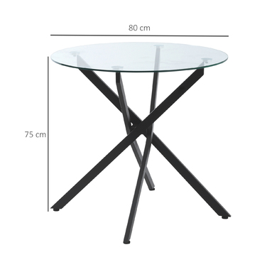 HOMCOM Modern Glass Dining Table, 80 cm Diameter, Kitchen Table with Tempered Glass Top and Metal Legs, for 4 People