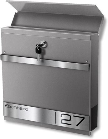 Поштова скринька Metzler Premium з газетницею Anthrazit, персоналізована з табличкою для імені, високоякісна настінна з нержавіючої сталі V2A з порошковим покриттям RAL 7016, модель Stencil (сірий алюміній)