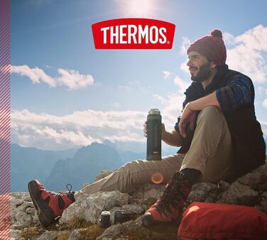 THERMOS MOUNTAIN BEVERAGE BOTTLE 0.9L, Black, Stainless Steel Thermos Flask with Drinking Cup, 24h Hot / 24h Cold, Lightweight Outdoor Bottle, Robust, Disassemblable Lid, BPA-Free