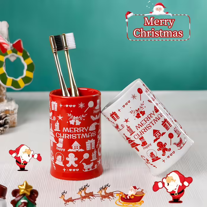 4-Piece Ceramic Bathroom Set, Artistic Line Face Bathroom Accessories Set with Soap Dispenser, Toothbrush Holder, Cup, Soap Dish, Abstract Bathroom Set for Decor, Cream (Merry Christmas)
