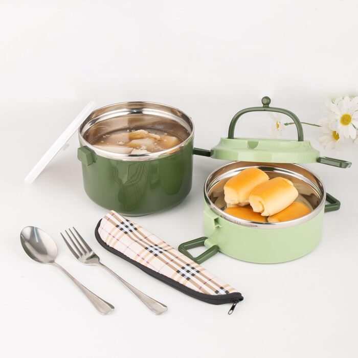 SANQIAHOME 2-Tier Stackable Stainless Steel Lunch Box, Leak-Proof, Green