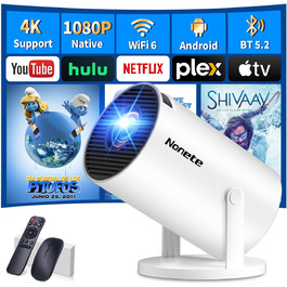 4K проєктор Beamer Full HD 1080P Mini з Wi-Fi 6 та Bluetooth 5.2, Android, портативний, 270° обертання, автоматична корекція трапеції, для PC/HDMI/USB, з мишкою та пультом, білий
