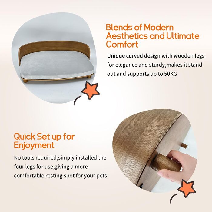 Диван для собак BinoPaw Elegantes з дерев'яним каркасом, підняте ліжко для домашніх тварин, диван для котів та собак до 20 кг, 83x57 см