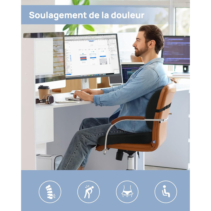 Ортопедична подушка для сидіння Feagar з memory foam, ергономічна подушка для офісного крісла, інвалідного візка, автокрісла, подушка для куприка, чорна (набір, XL (90-150 кг))