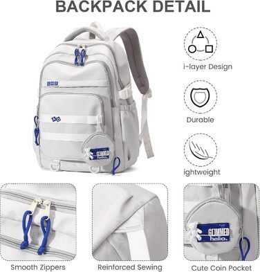 Шкільний рюкзак для дівчаток-підлітків, водонепроникний, легкий, великого об'єму, модний рюкзак для школи або подорожей (світло-сірий)