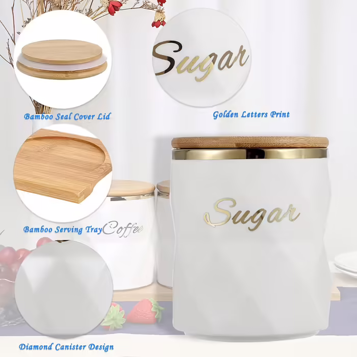 BTSKY White Ceramic Canisters for Sugar, Coffee, Tea, with Lid and Tray, Airtight, Set of 3 Storage Containers, Food Storage Containers, Pots, Jars with Bamboo Lids for Kitchen Counter
