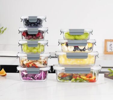 Набір контейнерів для зберігання продуктів Glas, 18 шт. (9 контейнерів, 9 кришок) - безпечні для миття в посудомийній машині, мікрохвильовій печі та морозильній камері, без BPA, сірий