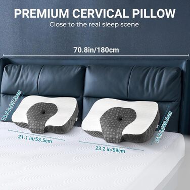 Ортопедична подушка Elviros для шиї з memory foam, ергономічна, для сну на боці, біла, 54x34x8.9/10.9 см