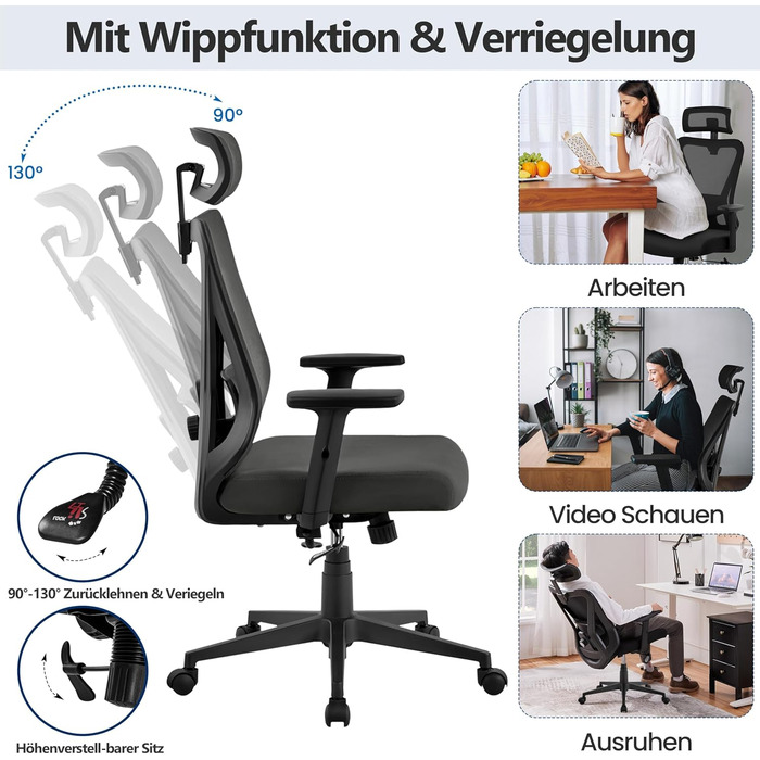 Офісне крісло Yaheetech ергономічне, регульована спинка, підголівник, підлокітники, поперекова підтримка, поворотне, регулювання нахилу 90°-130°, чорне