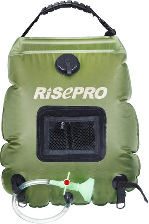 Соняшний душ RISEPRO 20л: портативна сонячна водогрілка для кемпінгу, подорожей, відпочинку на природі. Макс. температура 45°C, знімний шланг та душова насадка.