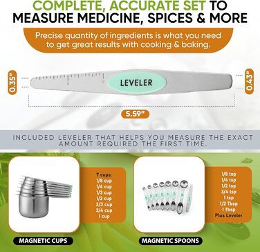 Measuring cups and spoons, magnetic, mint green, 15 pieces