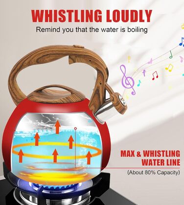 Чайник-свисток Foedo з нержавіючої сталі з дерев'яною ручкою, 3.2 л, градієнт червоного кольору, для чаю, кави та молока, класичний дизайн