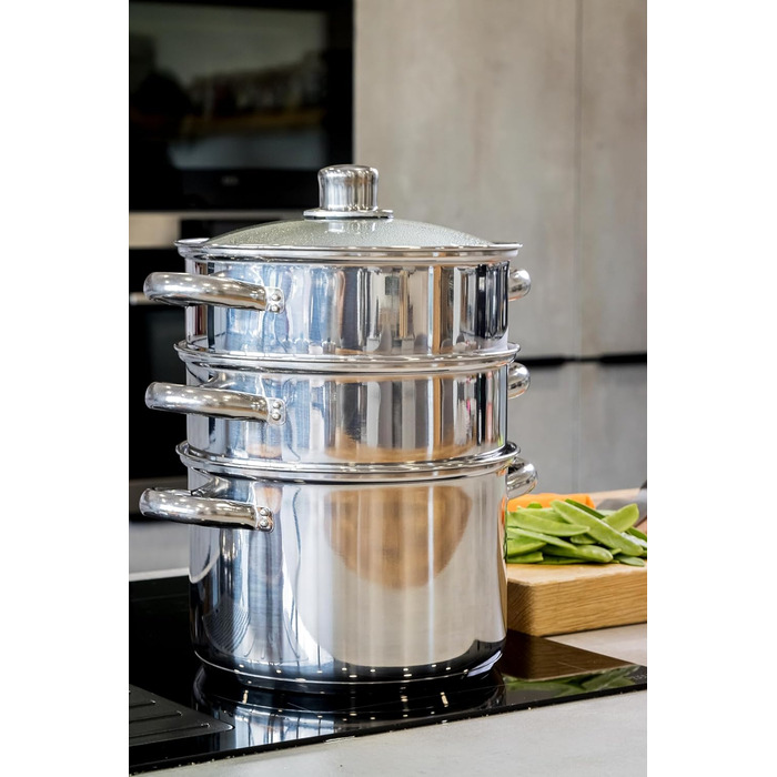 Набір з 3 каструль KitchenCraft з пароваркою, 3-рівневий, з нержавіючої сталі, для індукції, 22 см, сріблястий, у подарунковій коробці
