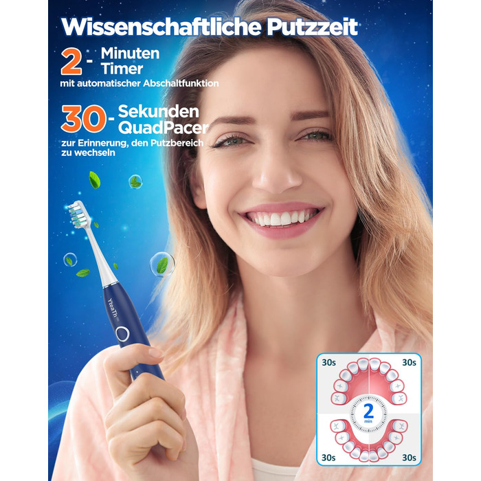Електрична зубна щітка зі звуковими вібраціями, 8 насадок, 5 режимів, таймер, 120 днів роботи від акумулятора, для дорослих, синього кольору