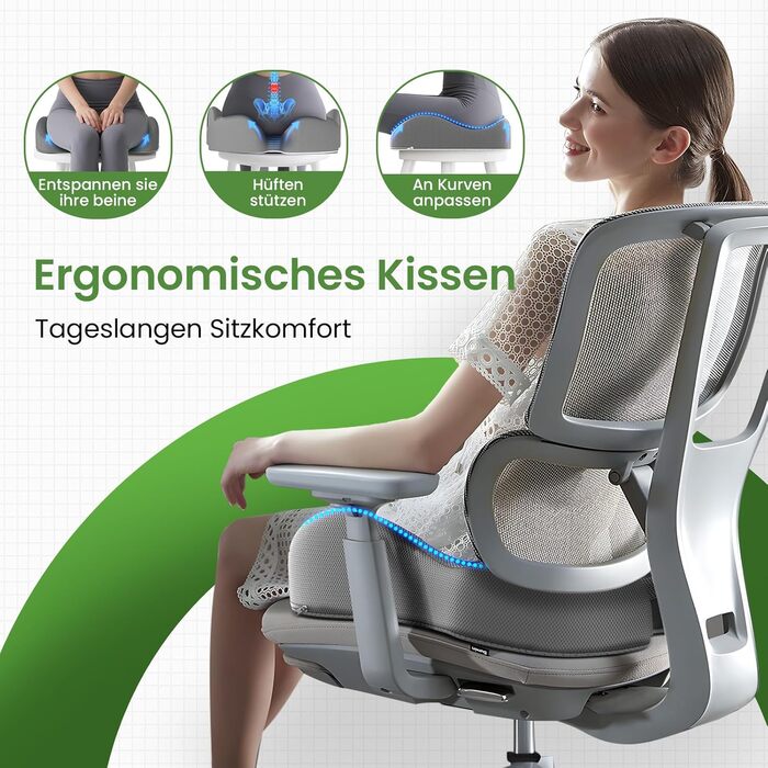 Подушка для сидіння з піни з пам'яті для куприкового болю, ергономічна подушка Coccyx для офісу, дому, авто та інвалідного візка, антиковзаюча основа (Сіра)